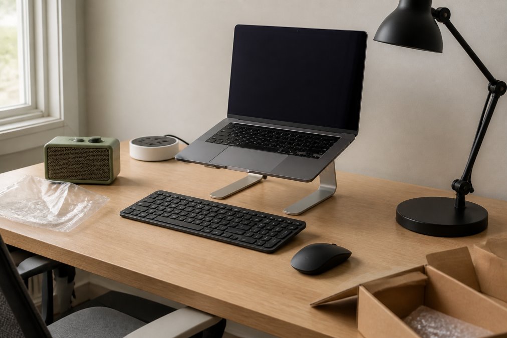 A tidy home office desk in soft daylight with a laptop raised on a metal stand, a compact retro Bluetooth speaker to one side, a small round power strip near the back edge, and a single task lamp angled over the keyboard