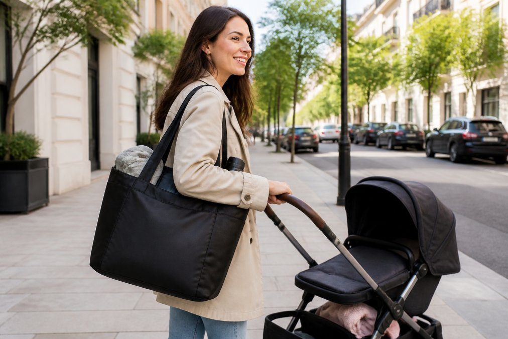 A woman walking down a city street carrying a large black stylish diaper bag with a changing mat inside.