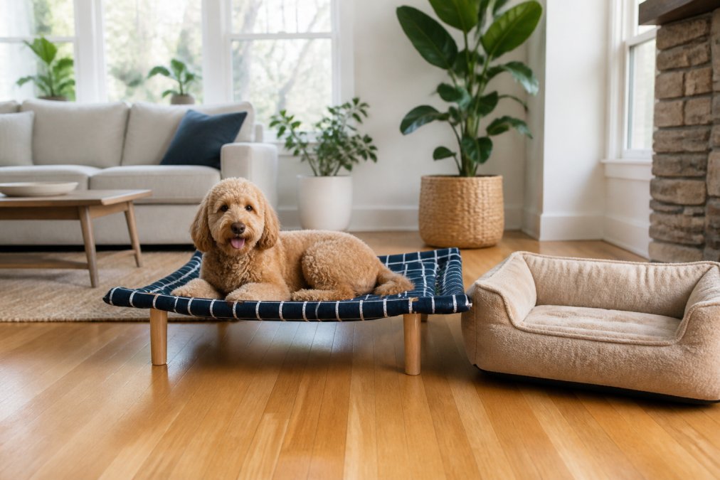 A doodle resting on a minimalist elevated dog bed in a bright, sunlit living room with wooden floors and plants.
