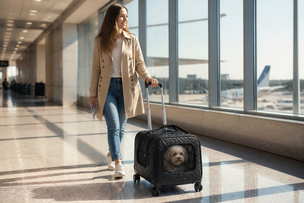 Woman walking through an airport with a black quilted rolling pet carrier among stylish dog carriers.