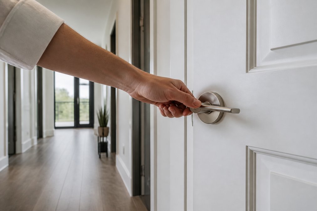 A homeowner testing a sleek satin nickel door lever on a bright white interior door in a modern hallway