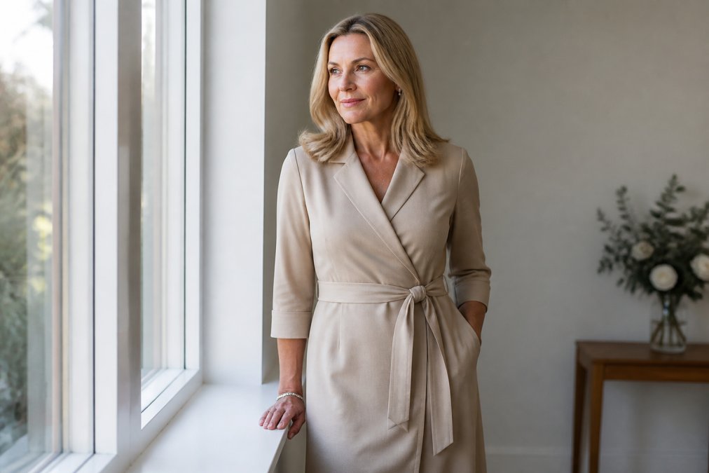 Confident woman over 40 wearing a structured wrap dress in neutral tones, standing in natural window light, showing defined waist and relaxed, elegant posture