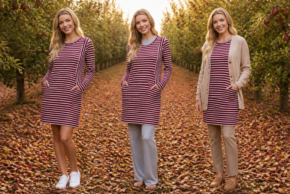 Woman styling a striped long sleeve pocket dress with different layering options, worn alone with sneakers, layered over a modal tee with lounge pants, and paired with a cashmere cardigan and structured pants, showing multiple outfit combinations from the same core pieces