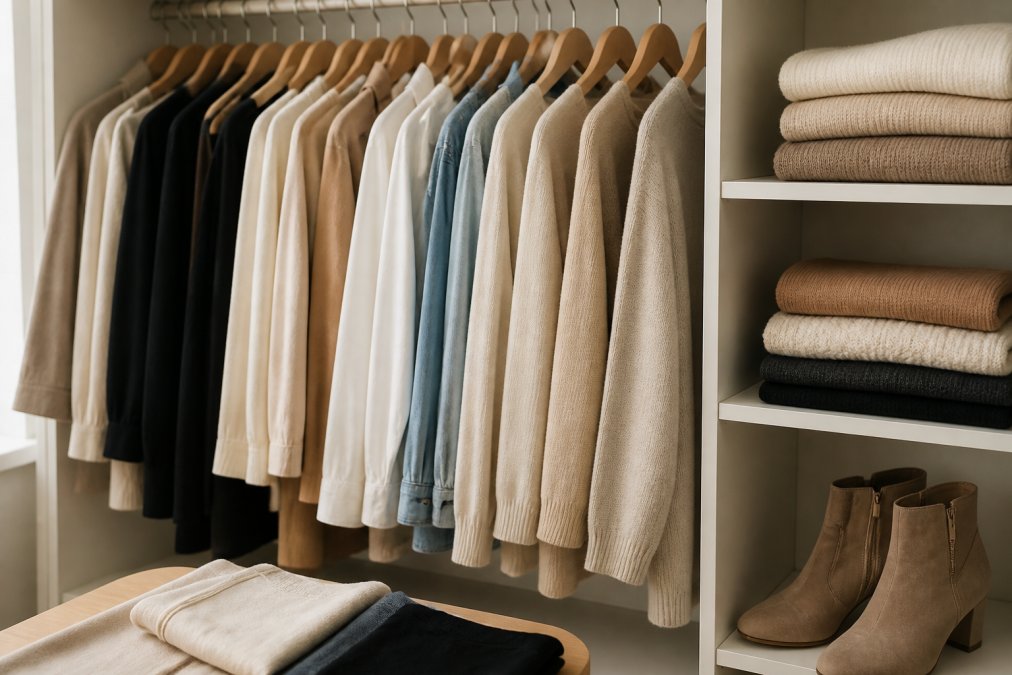 Organized closet with neutral clothing, knitwear, and trousers as everyday wardrobe essentials in soft light.