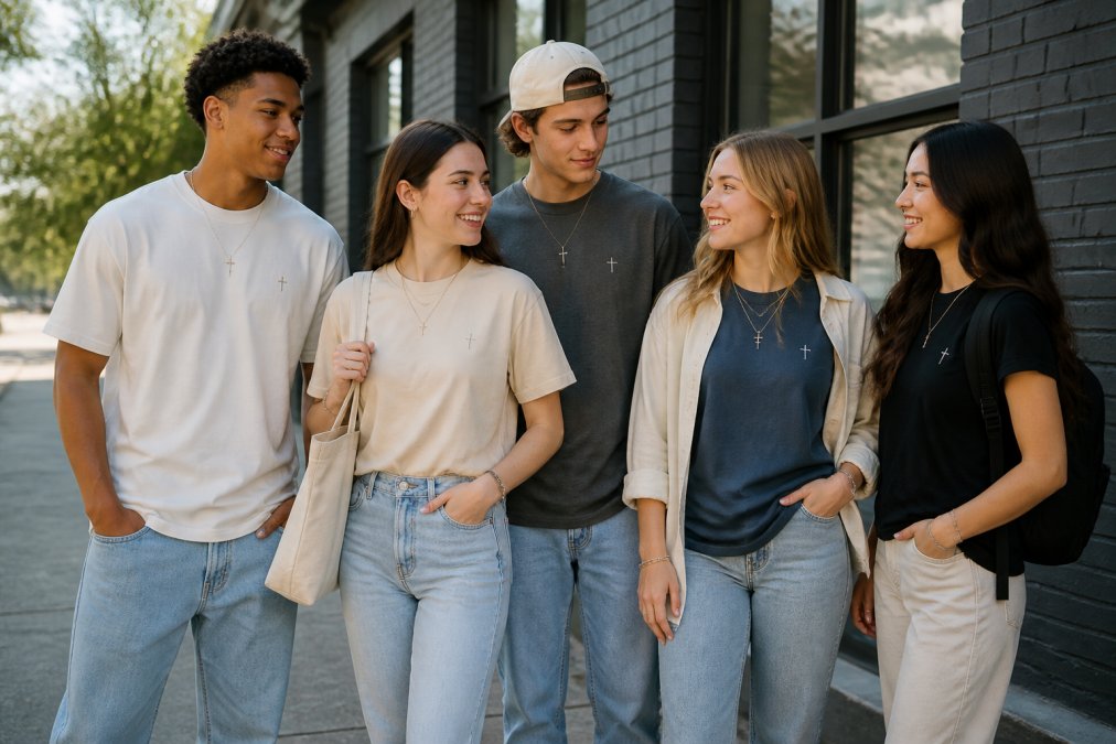 A diverse group of teenagers wearing minimalist faith-inspired tees in neutral tones with small embroidered crosses and subtle scriptural references, styled casually with jeans and layered accessories in a modern urban setting with natural daylight