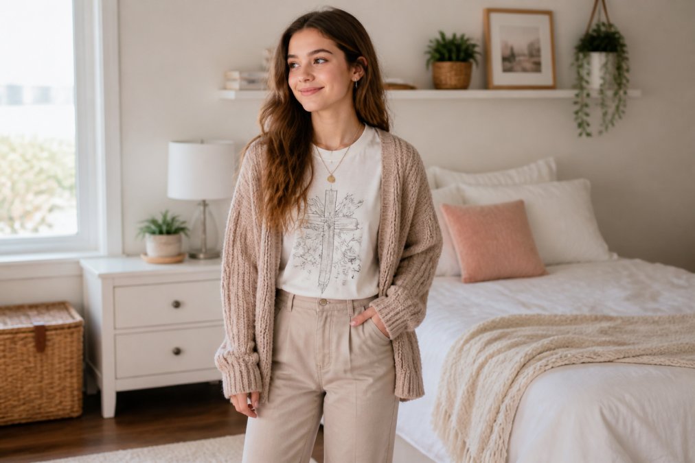 A teenager layering a faith-based graphic tee with an oversized cardigan and delicate jewelry, demonstrating how to style modest faith apparel with tailored pants and clean sneakers in a bright, modern bedroom setting