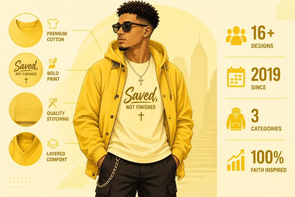 Young adult wearing a faith-inspired graphic tee styled with layered streetwear pieces, showing intentional design details and quality construction, standing in a modern urban environment with natural daylight