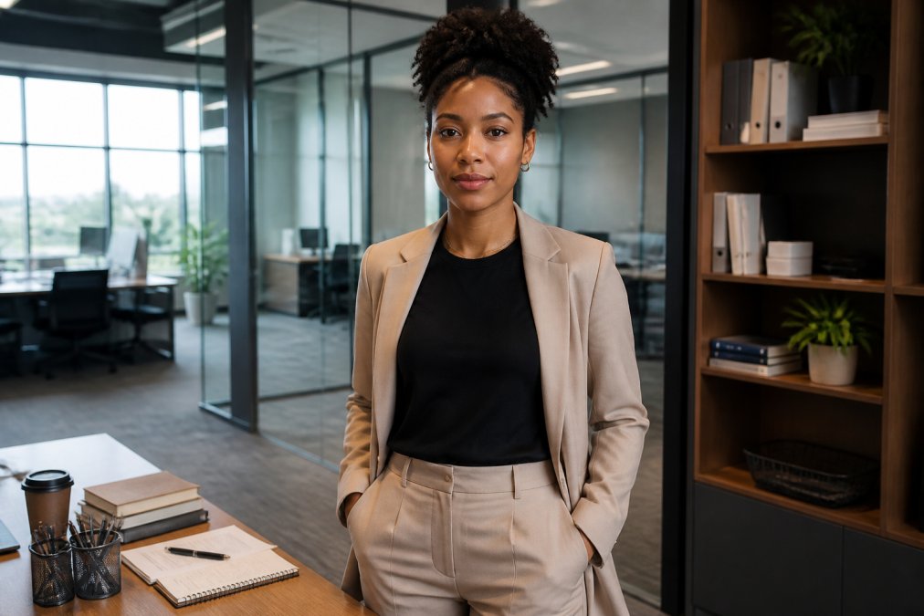 Professional young adult wearing a stylish faith-inspired tee layered under a blazer with tailored trousers, styled confidently for a work environment with modern office lighting