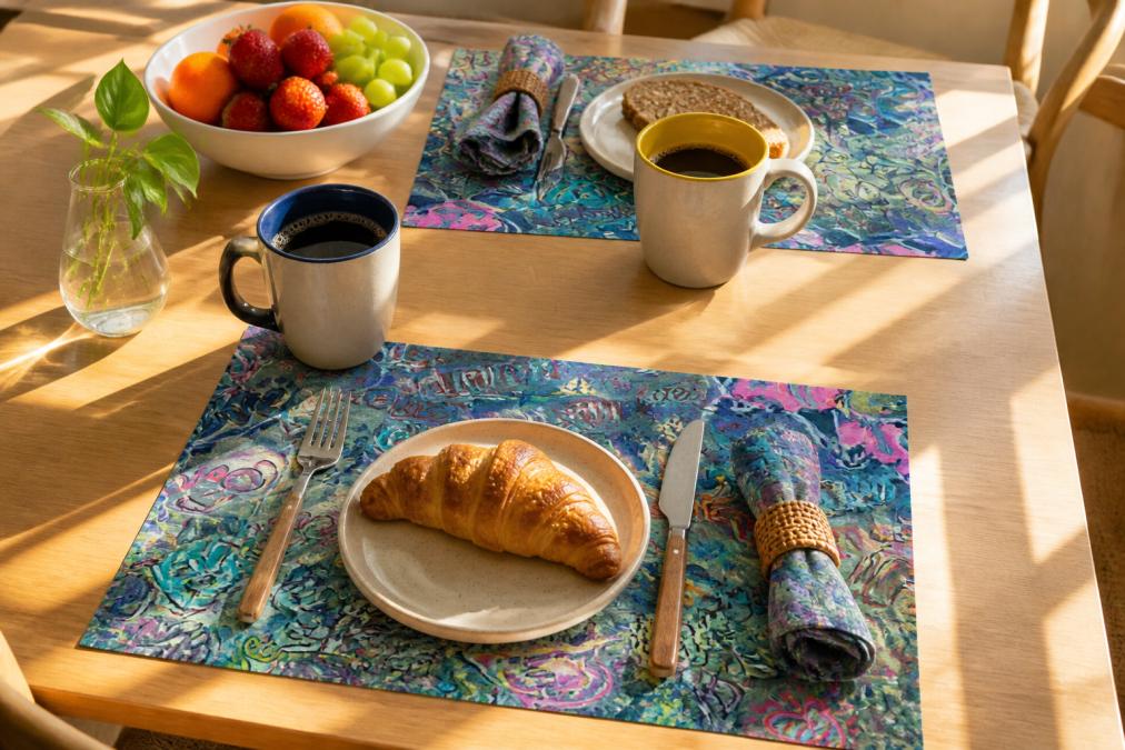 A beautifully styled dining table with colorful placemats and cloth napkins in vibrant patterns, ceramic mugs with colored interiors catching morning sunlight, natural light streaming across the scene with fresh coffee and breakfast items