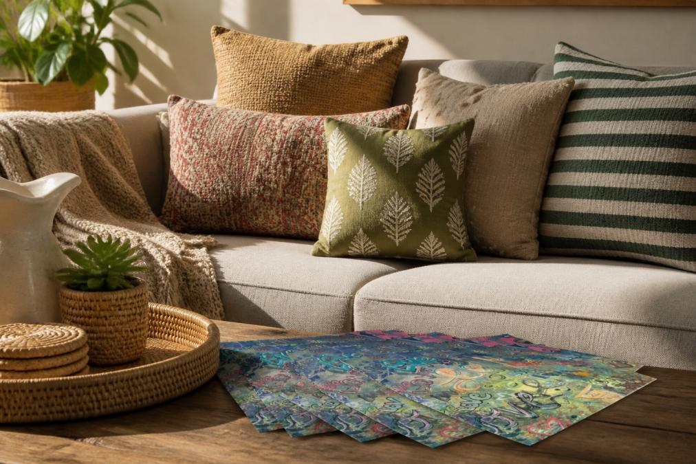 A cozy living room corner with multiple decorative accent pillows in varying patterns and earth tones arranged on a neutral sofa, natural afternoon light illuminating the space and showing how patterned textiles add warmth and personality