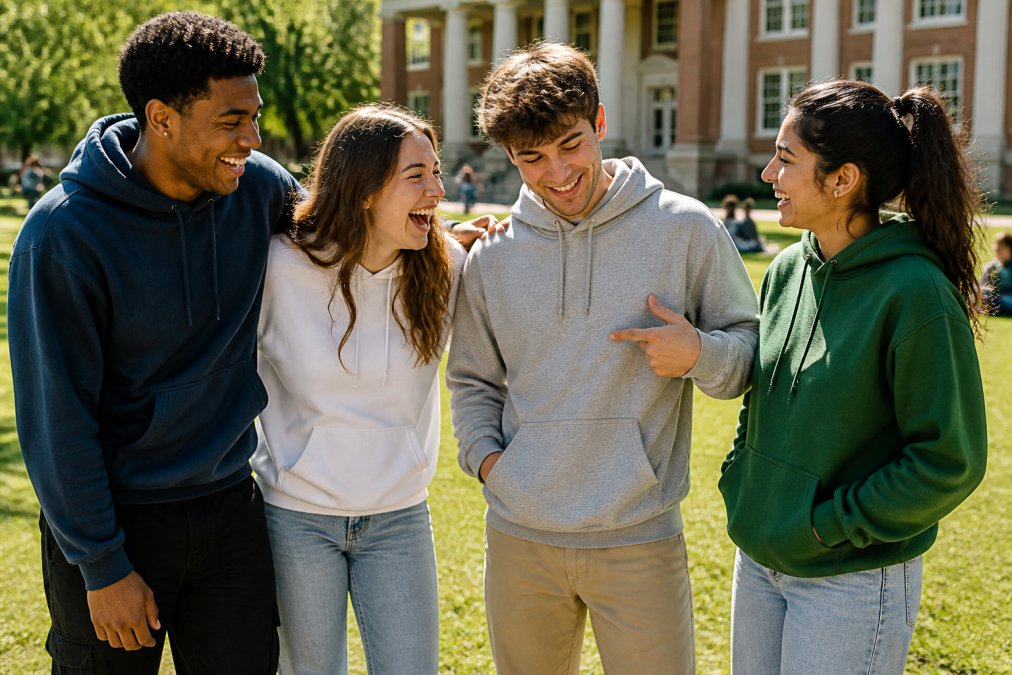 A diverse group of happy high school or college seniors wearing stylish graduation hoodies, laughing together on a sunny campus lawn, with one person pointing at the graphic on their hoodie