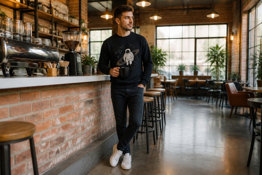 Person wearing a stylish graphic crewneck sweatshirt with dark jeans and white sneakers, standing in a bright, casual coffee shop with exposed brick and warm lighting