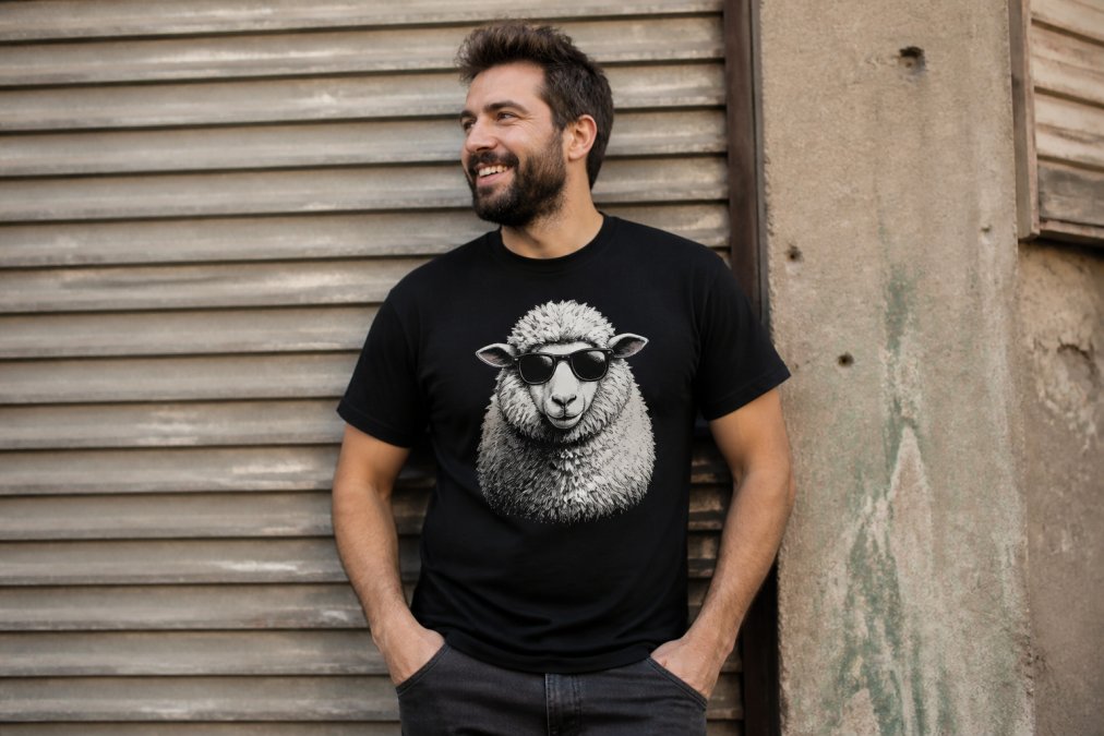 A man in his 30s wearing a black graphic t-shirt with a bold sheep print, standing in a casual urban setting, smiling confidently