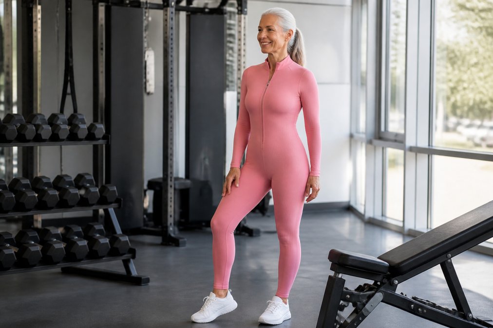 Woman in her 50s wearing high-waisted leggings and a fitted top, standing confidently in a bright gym environment with natural lighting