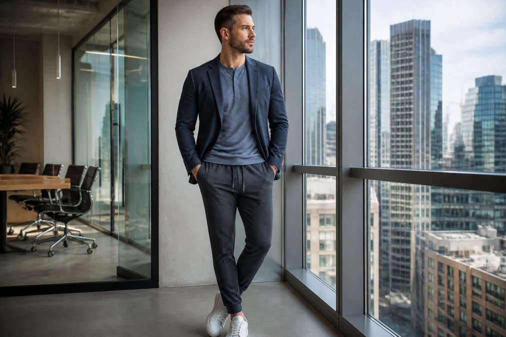 Professional man wearing tailored charcoal athletic joggers with a crease, a breathable performance henley in slate blue, and a structured blazer in navy, standing confidently in a modern office with floor-to-ceiling windows and natural light