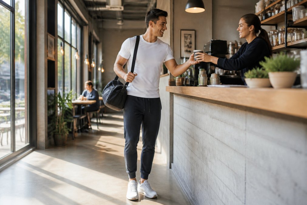 A man in his late 20s wearing tapered charcoal joggers and a fitted white athletic tee, carrying a gym bag over one shoulder while ordering coffee at a bright urban café counter, natural morning light coming through floor-to-ceiling windows