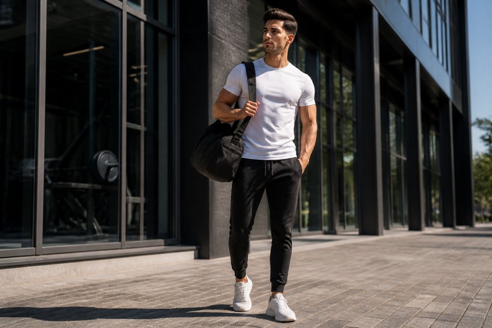 A fit man in his late 20s wearing a clean athletic tee and tapered dark joggers, standing outside a modern glass-fronted gym building with a matte black gym bag over his shoulder, sharp natural daylight casting clean shadows