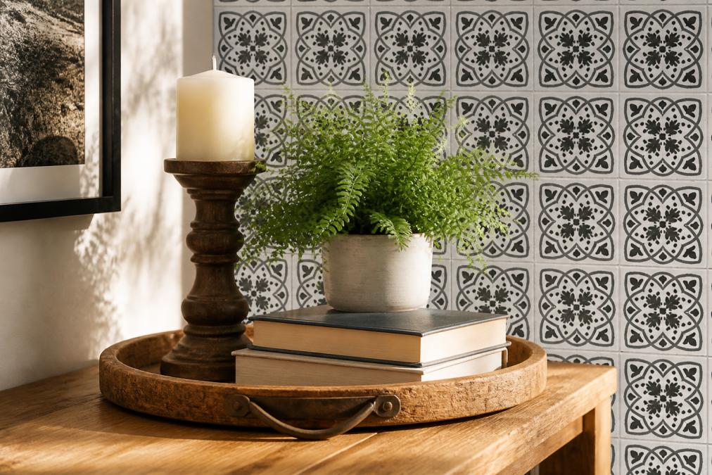 A styled tabletop vignette featuring a vintage brown candle holder with a pillar candle, a small artificial fern in a ceramic pot, stacked coffee table books, and a decorative wooden tray, arranged at varying heights on a natural wood side table with warm afternoon sunlight