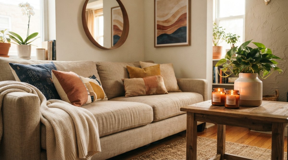 A beautifully styled living room corner with a neutral sofa, colorful throw pillows in jewel tones, a draped cream throw blanket, a large round mirror on the wall above a console table, abstract wall art, fresh greenery in a ceramic vase, and lit candles creating warm ambient lighting