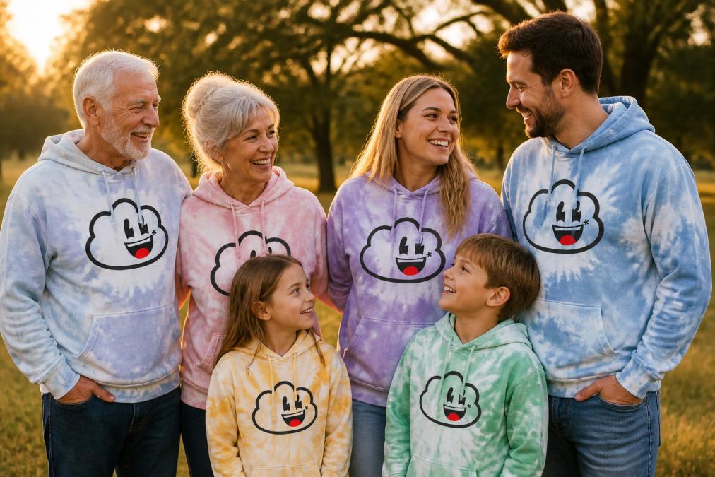 Multi-generational family wearing coordinated tie-dye hoodies in complementary color variations during an outdoor photo session at golden hour, showing how the bold graphics work across different ages and body types