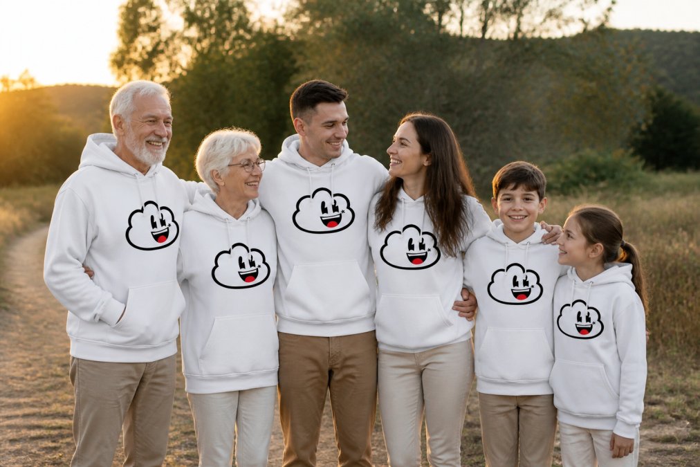 Multi-generational family wearing coordinated Dreamy hoodies in complementary neutral tones during an outdoor photo session at golden hour, showing how different styling choices across ages and body types create unity without uniformity