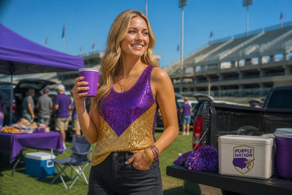 Student wearing a sequin purple and gold JMU top paired with dark denim jeans, standing outdoors near stadium bleachers on a clear day, showing complete tailgate outfit with school spirit and confident stance