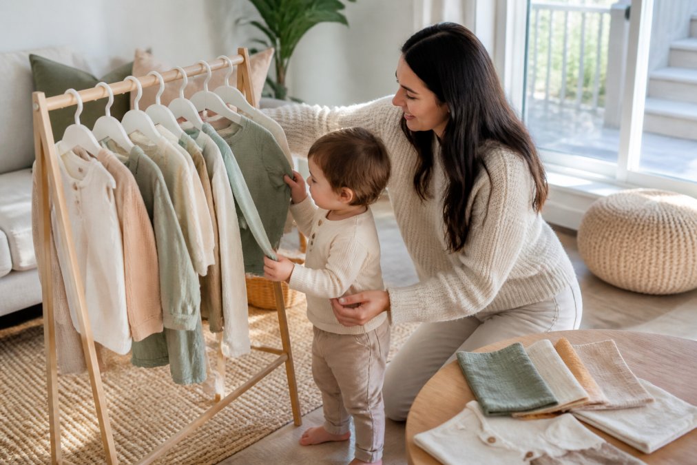 Step-by-step guide for selecting stylish kids clothes for photo shoots using coordinated color swatches