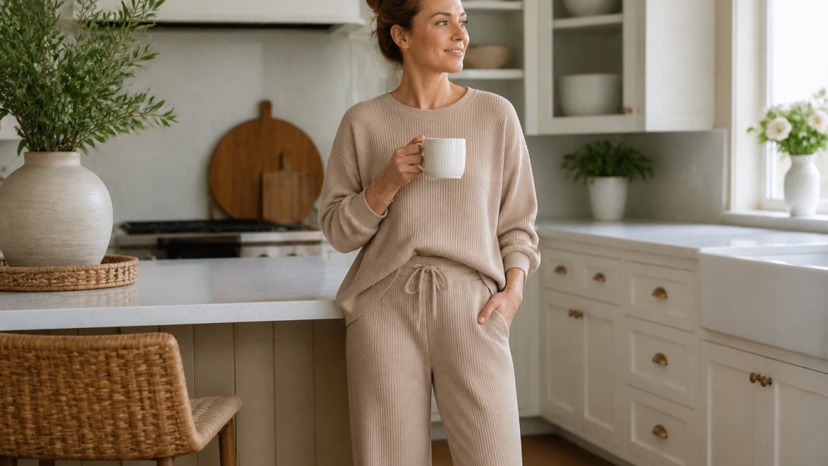 Mom in soft ribbed loungewear set standing in bright, modern kitchen holding coffee mug, looking relaxed and polished