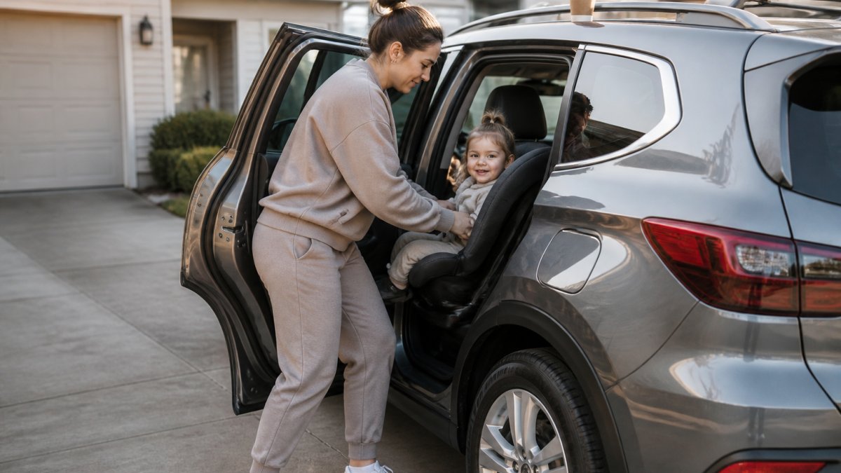 Parent wearing stylish loungewear and sneakers buckling a toddler into a car seat on a sunny morning.
