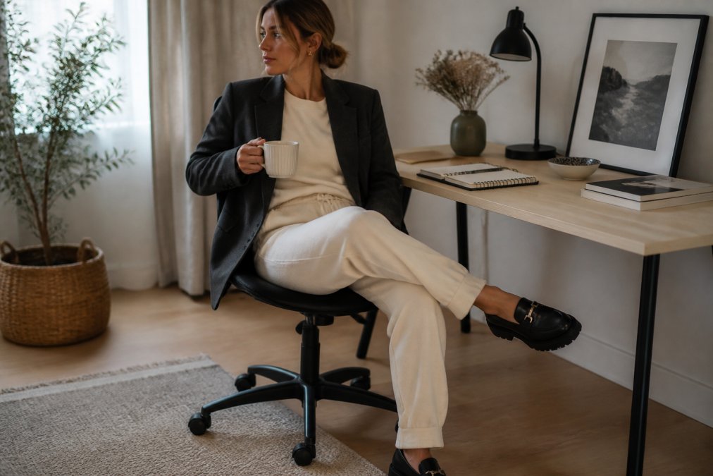 Woman wearing a soft cream-colored matching loungewear set styled with a structured charcoal blazer and chunky loafers, sitting at a minimalist home office desk with a warm coffee cup and notebook
