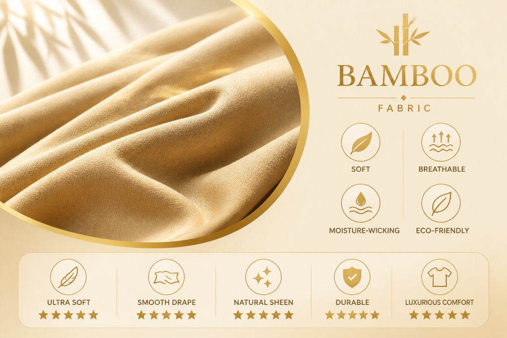 Close-up of soft, luxurious bamboo fabric with natural sheen and drape, showing the texture and quality of premium loungewear material in natural daylight