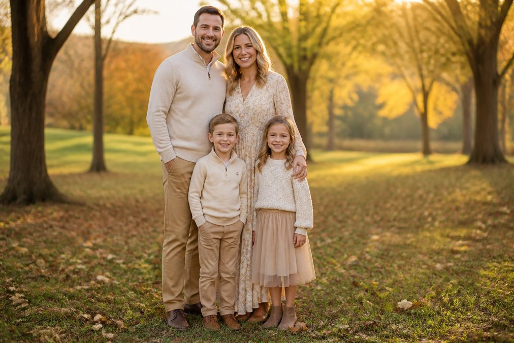 A family of four wearing coordinated neutral-toned outfits posing outdoors in a park during golden hour, with soft natural lighting and warm autumn colors