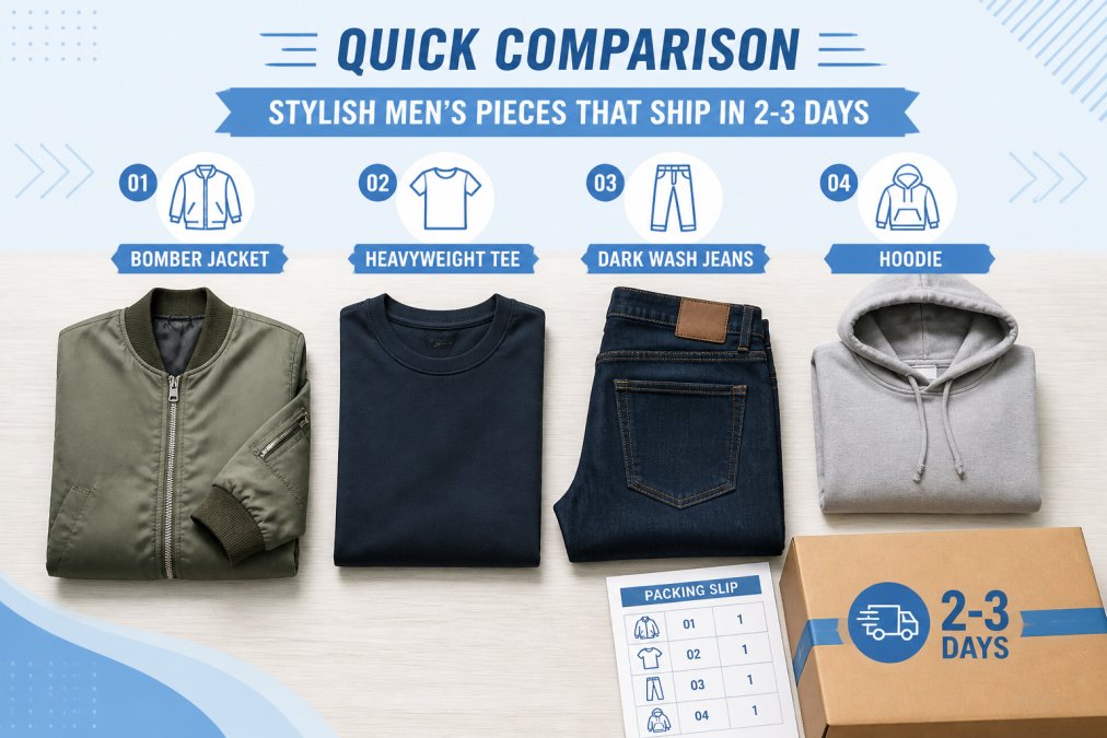 Infographic showing a collection of mens apparel fast delivery items like jackets and jeans packed for shipping.