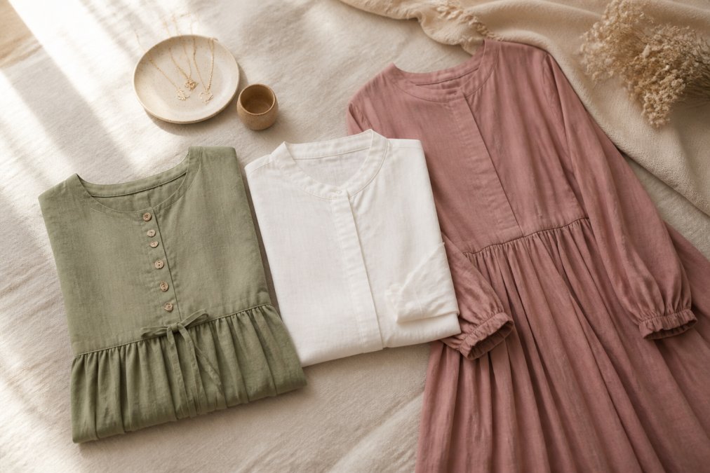 A neatly arranged flat lay of modest wardrobe essentials on a light cream linen surface: a folded linen midi dress in sage green, a structured white tunic top, and a flowing dusty rose maxi dress, softly lit by natural window light
