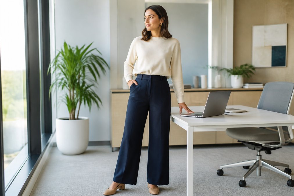 A confident woman in a bright modern office, wearing a loose-fit ivory long-sleeve top tucked into tailored dark navy wide-leg trousers, with small gold hoop earrings and low block-heel shoes, standing beside a white desk with a laptop open