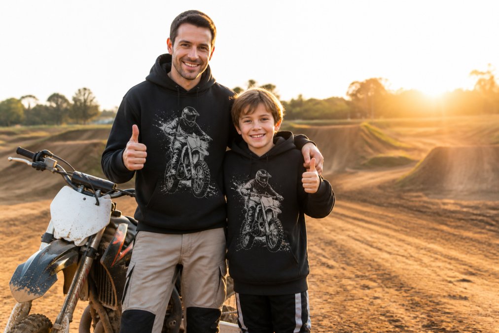 Father and son smiling at a track wearing matching motocross hoodies while giving a thumbs up at sunset.