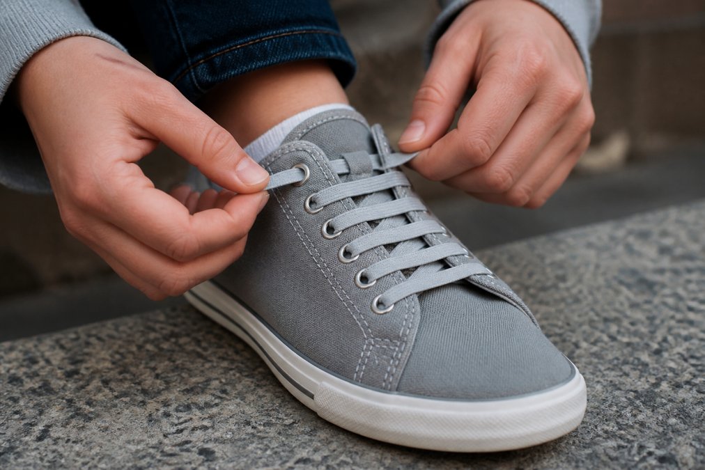 Close-up of hands threading elastic laces through shoe eyelets on a casual grey canvas sneaker, showing the lacing pattern and tension adjustment