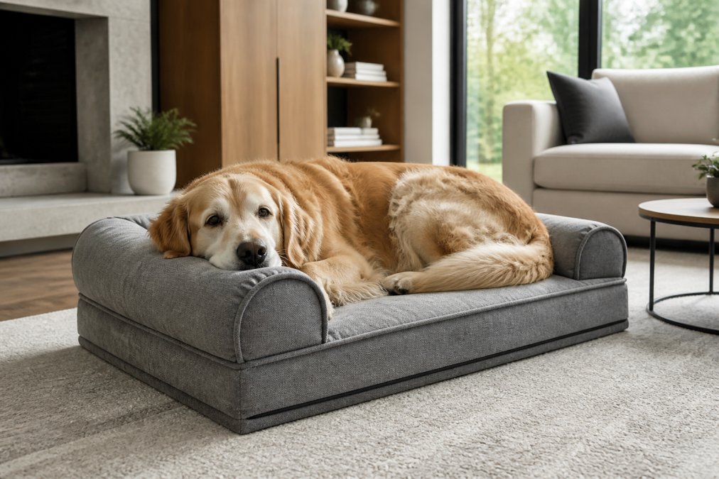A senior golden retriever resting peacefully on a modern orthopedic bed with soft grey upholstery in a contemporary living room with minimalist furniture, warm natural lighting from nearby window
