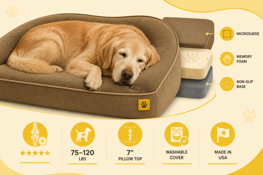 Close-up of a senior dog snuggled into a premium orthopedic bed with visible soft memory foam texture and elegant microsuede fabric, showing both comfort and contemporary style in warm lighting
