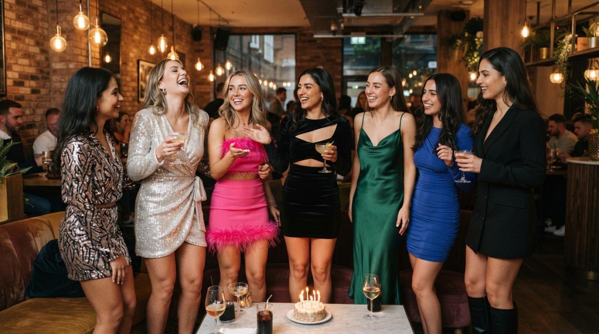 Women in stylish outfits for 2026 birthday parties laughing in a lounge
