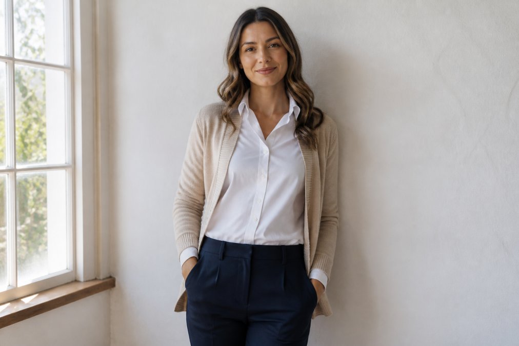 Woman in her late 20s wearing a crisp white button-down shirt, tailored navy trousers, and a neutral beige cardigan, standing confidently in natural morning light in front of a minimalist white wall