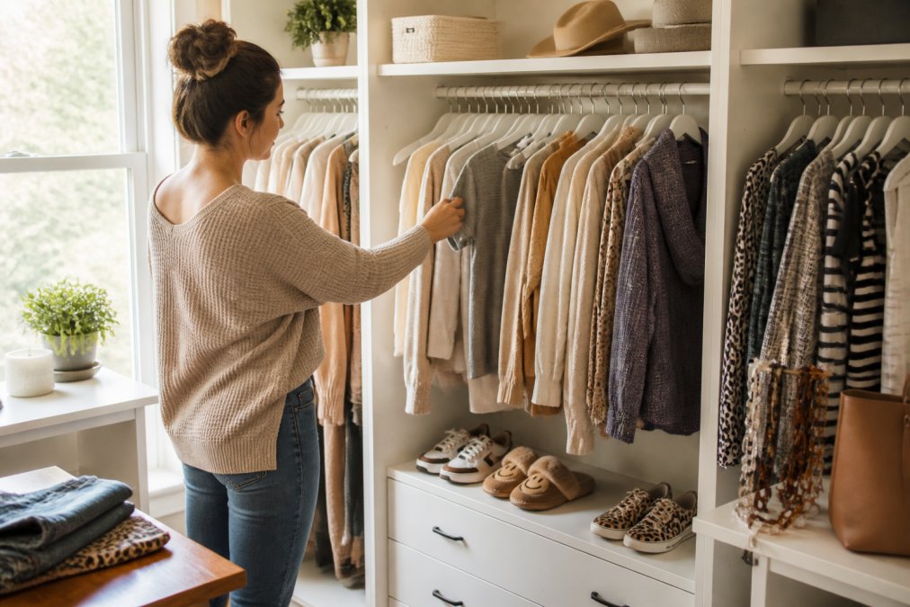 Woman efficiently selecting a coordinated outfit from her organized closet in the morning, with neutral-toned basics hanging neatly and a few statement accessories visible on a shelf, natural light streaming through a window