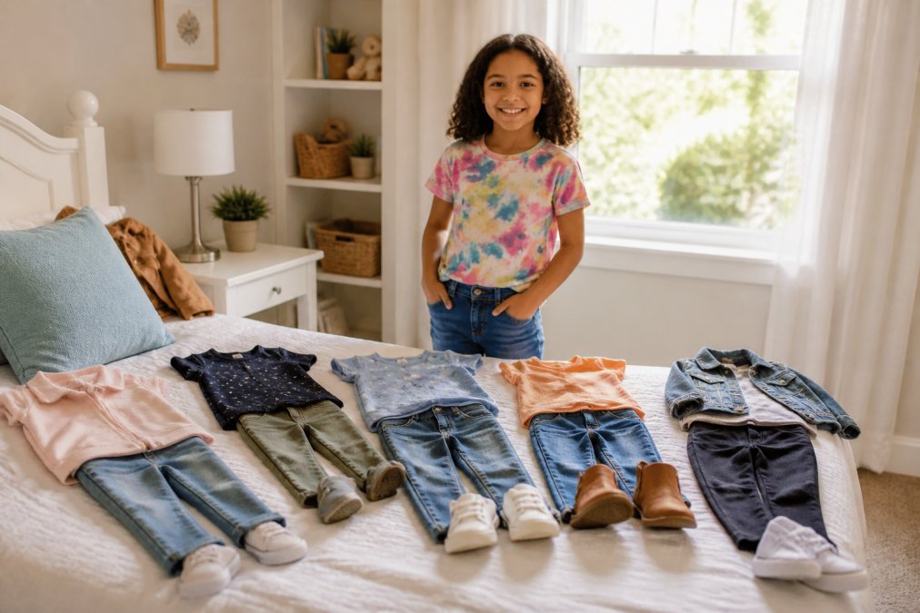 Smiling 8-year-old in a graphic tee choosing between outfits laid out on a bed, perfect for picky 8 year olds