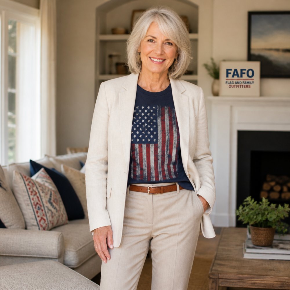 Older adult wearing patriotic graphic tee layered under a neutral blazer with tailored trousers, standing confidently in a casual home setting with warm natural lighting