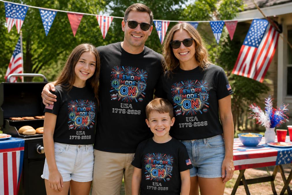 Family wearing coordinated patriotic graphic tees at a backyard Fourth of July celebration, with red white and blue decorations, American flags, and a grill in the background, natural afternoon sunlight