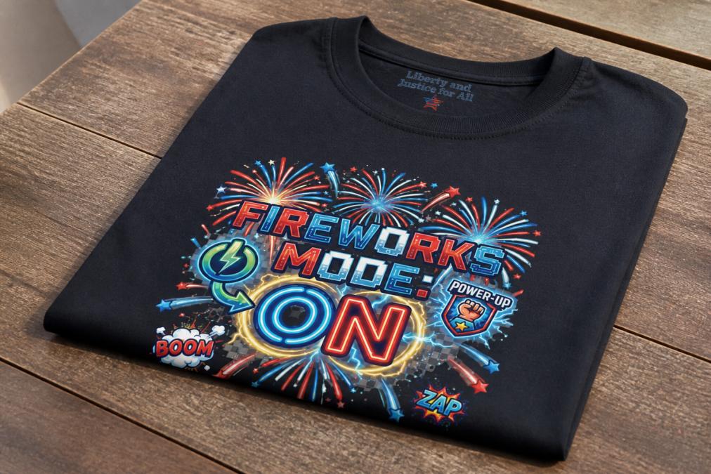 Close-up of folded patriotic graphic tee showing distressed flag design and screen-printed details with care instructions label visible, soft natural lighting