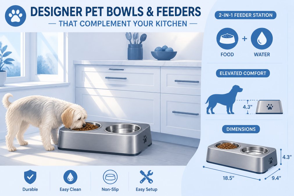 Contemporary kitchen with white cabinetry and light marble countertops, a stainless-steel 2-in-1 feeder station positioned near the base of the counter, a small dog eating from the modern bowl setup, natural morning sunlight streaming through windows