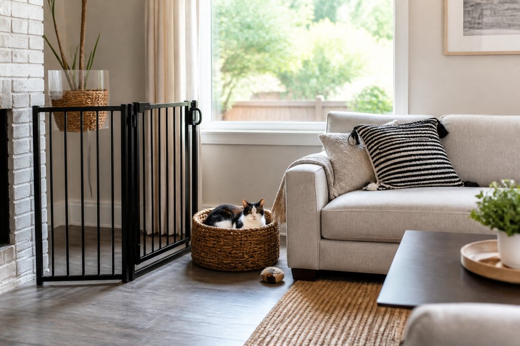 Modern living room with sleek black foldable pet gate beside contemporary furniture, woven water hyacinth cat bed positioned near a window, and decorative pet pillow on a neutral sofa, natural daylight streaming through windows