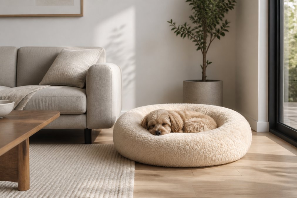 Minimalist living room with light gray walls, pale wood flooring, and modern furniture, a cream-colored donut pet bed positioned beside a low-profile sofa, a small dog curled up sleeping in the bed, soft natural light from large windows creating subtle shadows