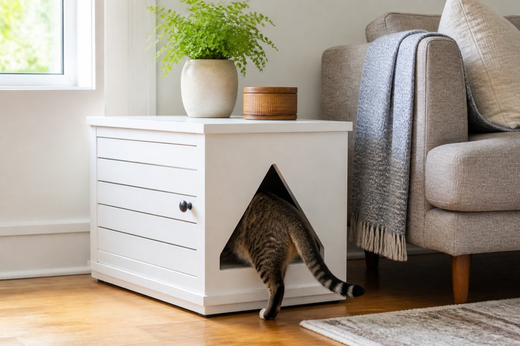 Modern living room corner featuring a white wooden litter box enclosure styled as a minimalist end table with a cat entering through a triangular opening, decorative items displayed on top, hardwood flooring, and natural window light